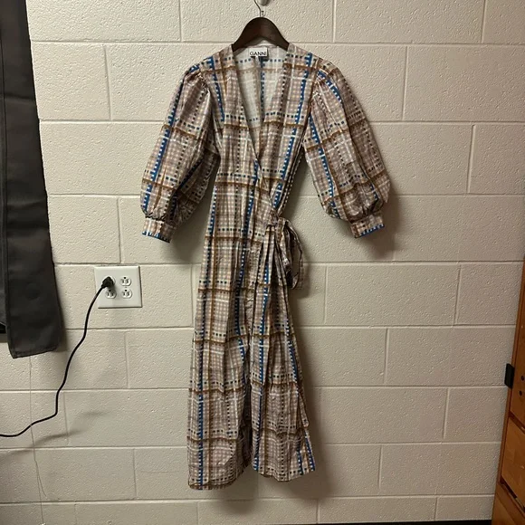 GANNI Checked Cotton-poplin Wrap Midi Dress Size 38 Medium 6 - Picture 3 of 13